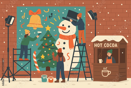 Holiday mural painting in a winter setting with people decorating and serving hot cocoa at an outdoor stand