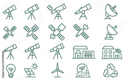 Collection of hand-drawn illustrations showcasing various telescopes, satellites, and sustainable energy symbols