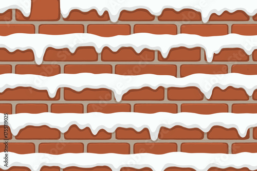 Snow-covered brick wall with icicles hanging during winter season showing a warm texture against a chilly background