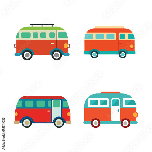 Vintage van vector set, retro camper and minibus illustration collection isolated on white background.