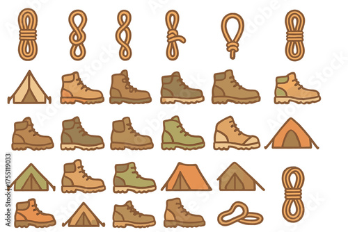 Hiking gear including boots, tents, and ropes for outdoor adventures in a forest setting during daytime