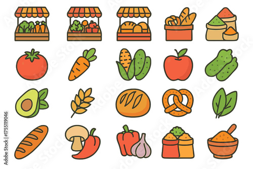 Colorful collection of fresh food illustrations featuring vegetables, fruits, and baked goods in a market setting