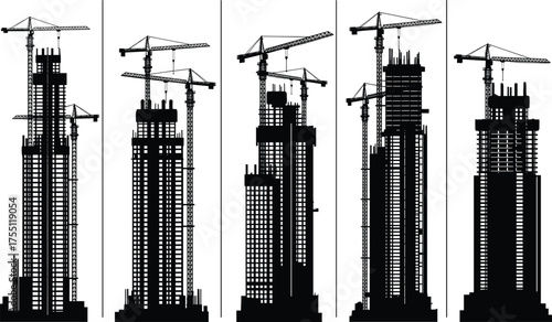 High-rise construction silhouettes, tower cranes on skyscrapers, modern urban development, architectural engineering, city skyline progress, structural design stages, building site illustration