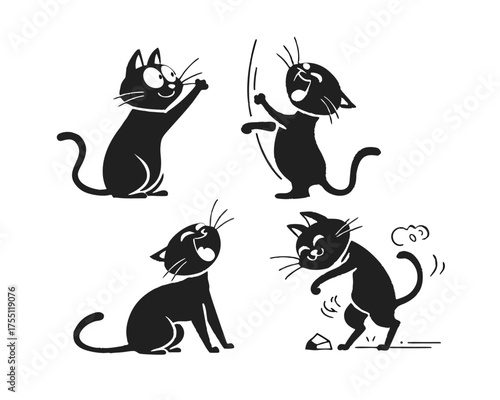 Collection of playful black cat cartoons in various poses expressing different moods and interacting with their environment in a fun way