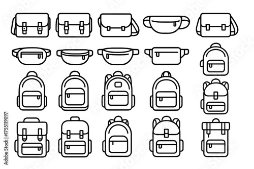Various styles of bags and backpacks arranged in a grid for fashion or design reference