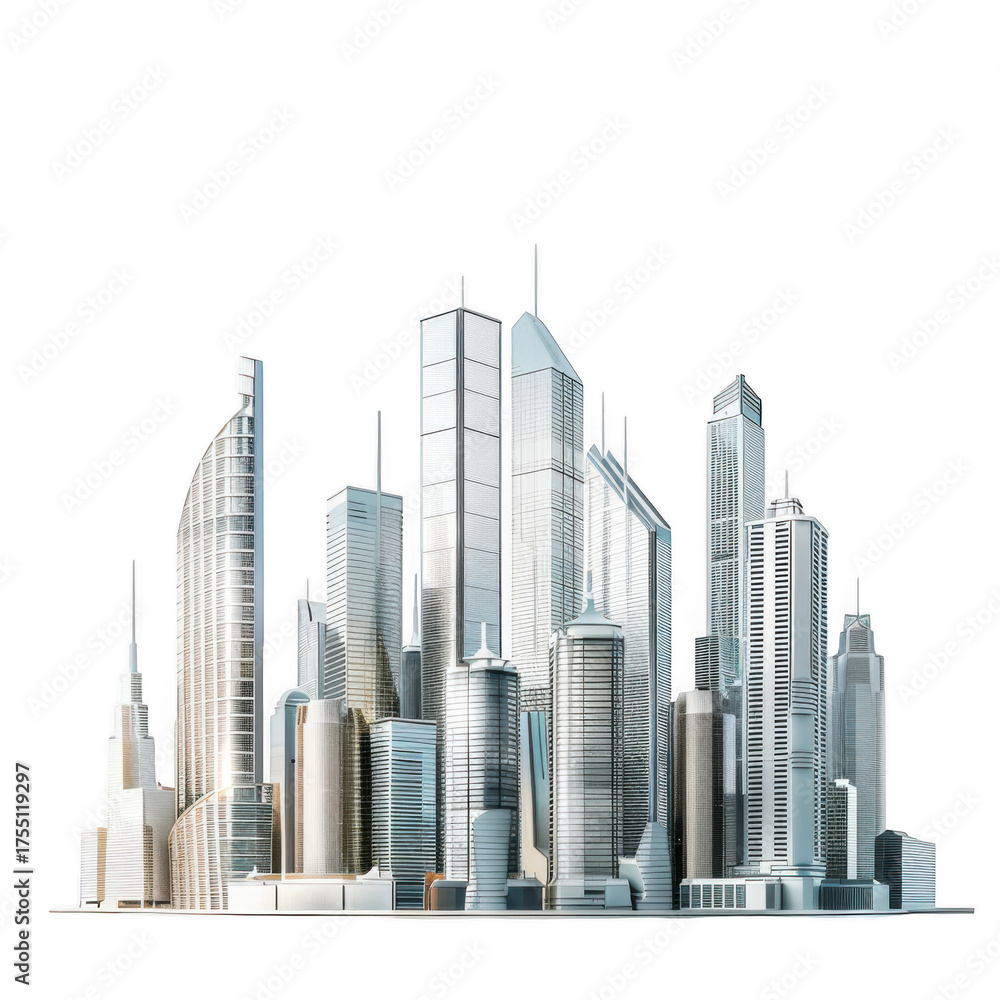 Fototapeta premium Dense Urban Skyline with Tall Glass and Steel Skyscrapers on White Base and Black Background
