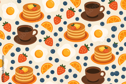 Delicious breakfast spread featuring pancakes, eggs, fruits, and coffee in a playful pattern design