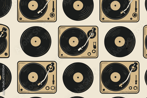 Vintage record players create a nostalgic pattern in black and beige for music lovers and design enthusiasts