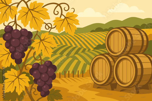 Grapes grow on vine near wooden barrels in a vineyard landscape during autumn with rolling hills and yellow leaves