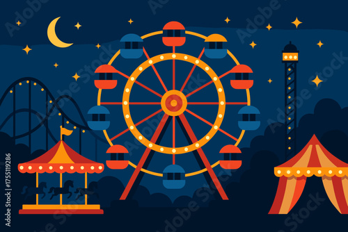 Vibrant night scene of a carnival featuring a ferris wheel, carousel, and roller coaster under a starry sky