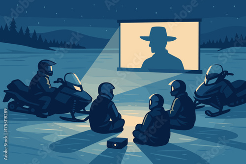 Group of friends enjoying a movie night outdoors on snowmobiles during a chilly winter evening