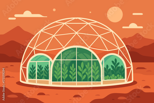 Greenhouse in a desert landscape under a sunset sky with mountains in the background