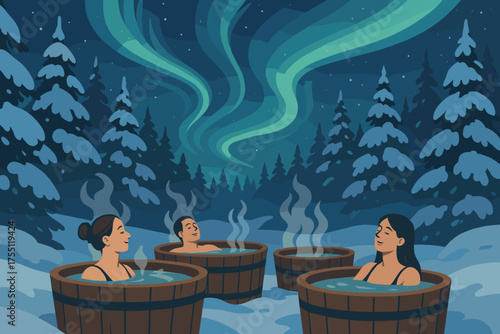 Relaxing in hot tubs under the northern lights in a snowy forest during a cold winter night