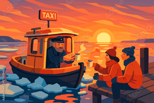 Evening sunset activity on the water with a boat and two people enjoying warm drinks