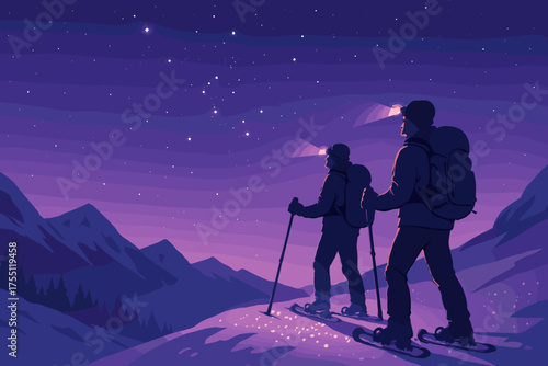 Two hikers enjoy the starry night sky while snowshoeing in the mountains under purple hues