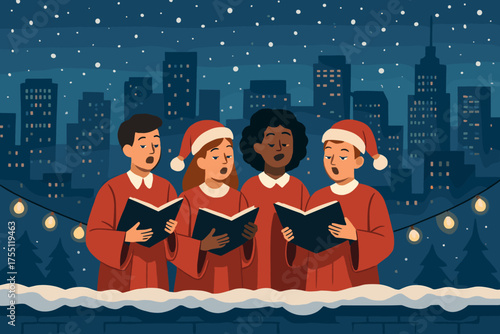 Festive choir sings Christmas carols under a snowy city skyline with twinkling lights