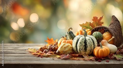 Abundant harvest cornucopia overflows with vibrant gourds and autumn leaves on rustic wooden table, celebrating Thanksgiving bounty
