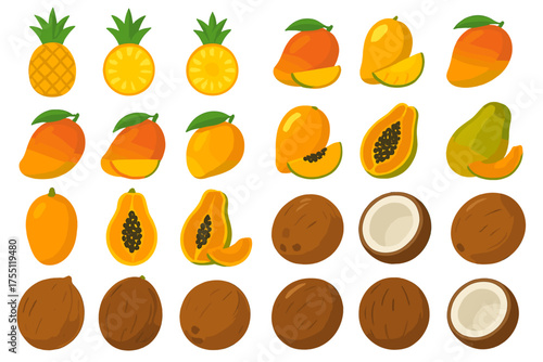 Colorful tropical fruits including pineapples, mangoes, papayas, and coconuts arranged in a creative display