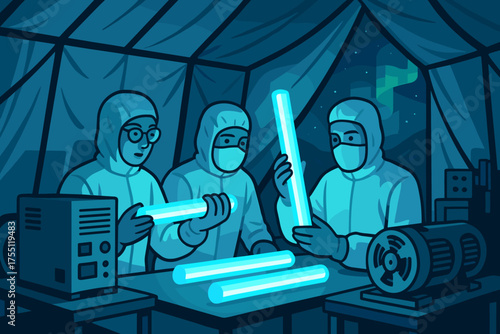 Scientists work together on experimental materials under auroras in a research tent at night