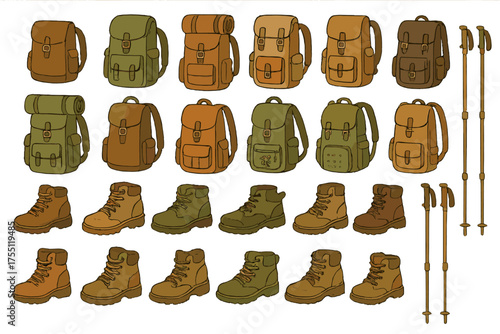 Variety of outdoor gear including backpacks, hiking boots, and trekking poles displayed in a clean layout