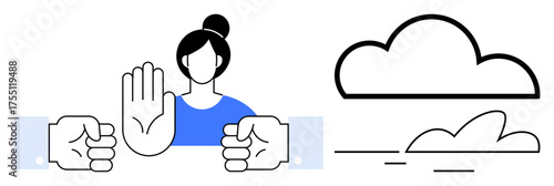Woman raises hand in a stopping gesture facing two clashing fists. Clouds symbolize tension or peace. Ideal for conflict management, restraint, barriers, teamwork, negotiation, justice, simple flat