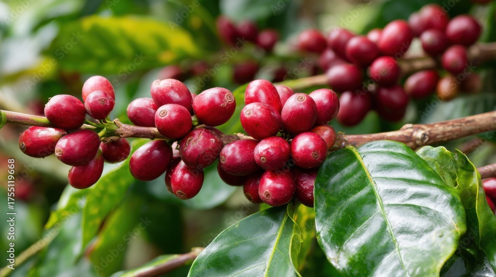 custom made wallpaper toronto digitalVibrant red coffee cherries hang from a branch surrounded by green leaves in a tropical garden. The scene captures the beauty of nature during the morning showcasing the fruit before harvesting.