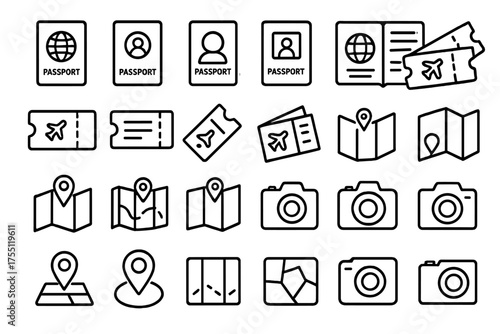 Collection of travel-related icons featuring passports, tickets, maps, and cameras for journey planning