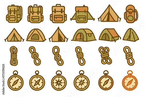 Outdoor adventure gear including backpacks, tents, ropes, and compasses for camping and hiking enthusiasts in a vibrant design