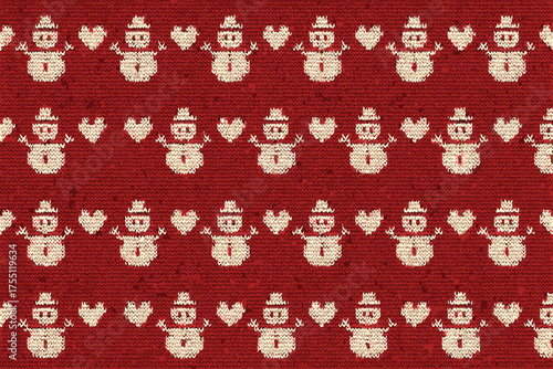 Festive snowman pattern on a red background with hearts, perfect for winter and holiday decorations