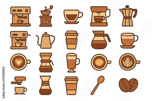 Coffee making tools and beverages arranged in a creative layout on a white background