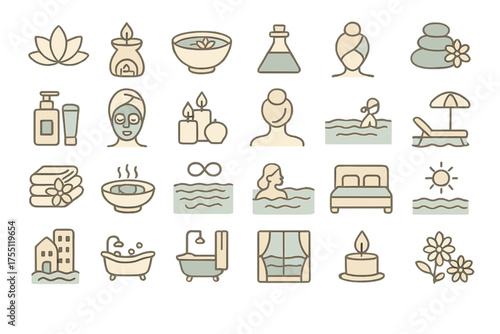 Illustration of spa and relaxation activities featuring water, beauty, and wellness symbols in a light color palette