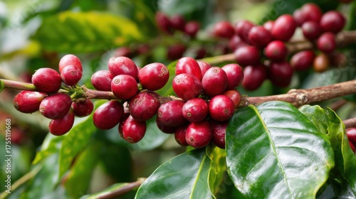 Wallpaper Mural Vibrant red coffee cherries hang from a branch surrounded by green leaves in a tropical garden. The scene captures the beauty of nature during the morning showcasing the fruit before harvesting. Torontodigital.ca