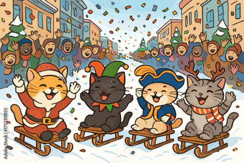Cats celebrate winter festivities while sledding in a colorful parade with cheerful crowd and falling confetti