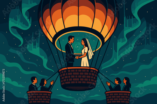 Couple exchanges vows in a hot air balloon surrounded by splendid northern lights at a romantic evening ceremony