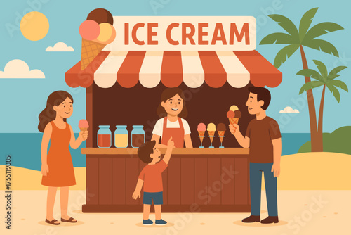 Family enjoys ice cream at a sunny beachside stand during a warm summer afternoon