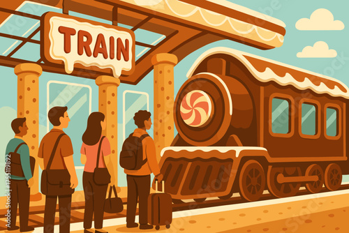 Colorful candy-themed train station brings joyful travelers together for a special journey