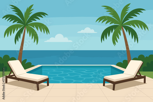 Relaxing poolside view with palm trees and ocean scenery on a sunny day