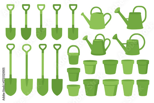 Gardening tools and equipment in various shades of green for planting and watering activities