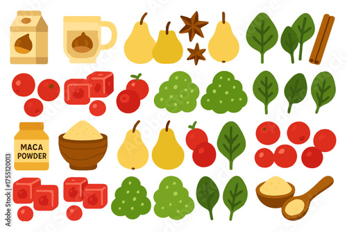 Colorful pattern of healthy food items including fruits, greens, and spices for a nutritious lifestyle