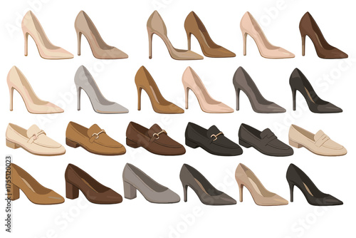 Different styles of heeled shoes arranged in a visually appealing pattern for a fashion display