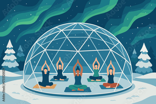 Women practice yoga inside a geodesic dome under the northern lights in a serene winter landscape