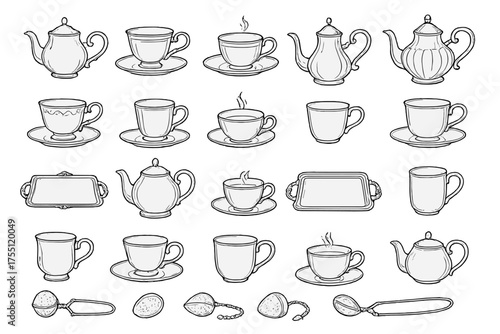 Detailed sketches of various tea pots and cups arranged in a grid showcasing fine china and tea accessories for a tea party
