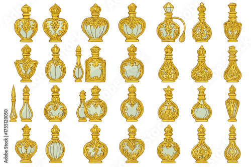 Variety of vintage perfume bottles with ornate designs and elegant shapes showcased in a decorative arrangement