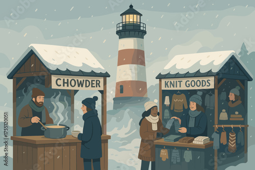 Winter market features warm chowder and cozy knit goods near a lighthouse during a snowy day