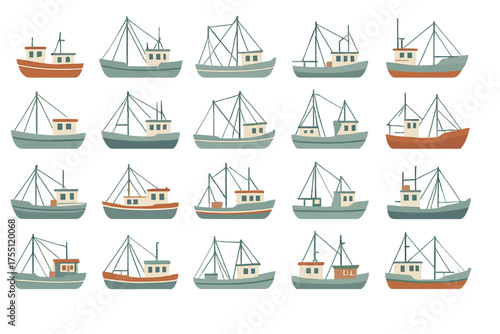 Various fishing boats lined up in a colorful pattern showcasing different styles and designs commonly found in coastal waters