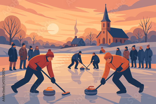 Winter curling match takes place on frozen lake at sunset near village with church and spectators