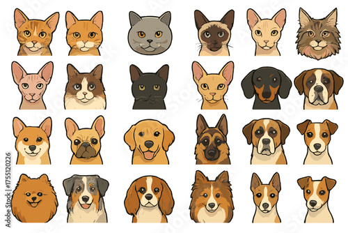 Various cute dog and cat faces in a colorful illustration showing different breeds and expressions