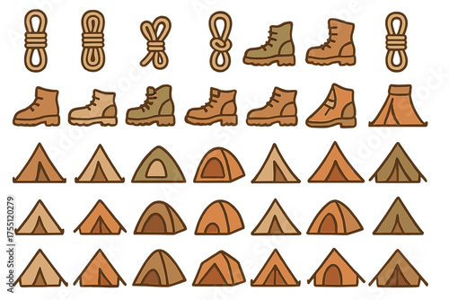 Camping gear collection featuring tents, boots, and ropes in various styles and colors for outdoor enthusiasts
