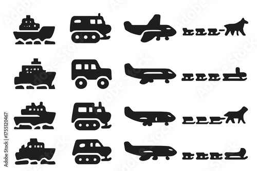 Various modes of transportation including boats, vehicles, and aircraft displayed in a simple design format