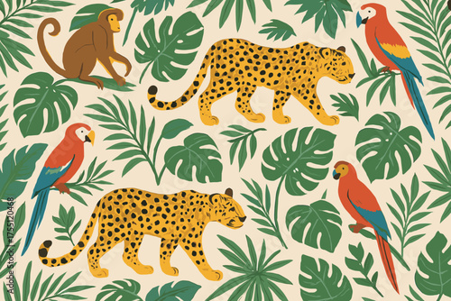 Colorful jungle scene featuring exotic animals and lush tropical plants in a vibrant artistic design